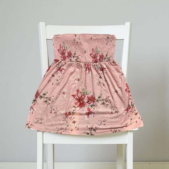 Strapless Pink Floral Smocked Top With Elastic Shirred Bodice & Flowing Size S - Picture 3 of 5